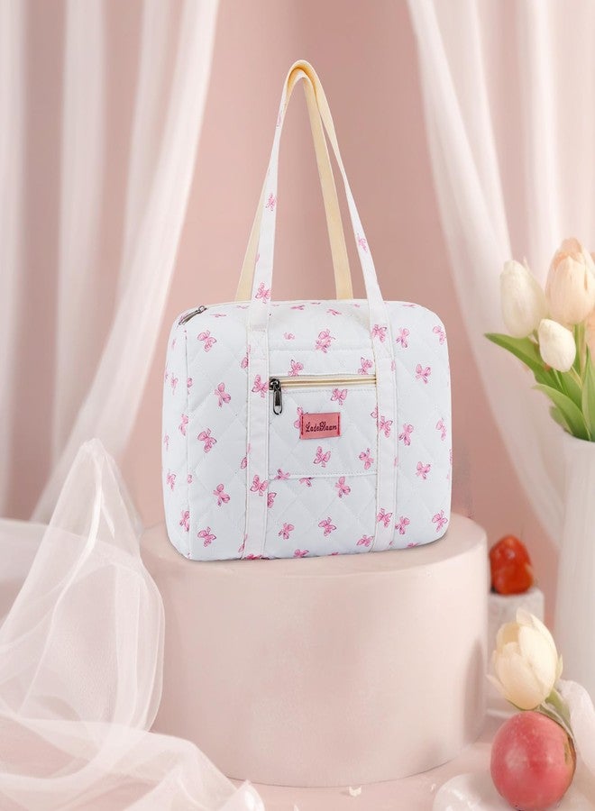 Lebaley Coquette Bag with Ribbon Pearl Bow - Pink Bow Tote Bags Cute Travel Bag,Floral Quilted Duffle Bags for Women Girls,Coquette Aesthetic Y2K Girls Dance Bag,Weekend Bags for Travel Trip Work - Image 3
